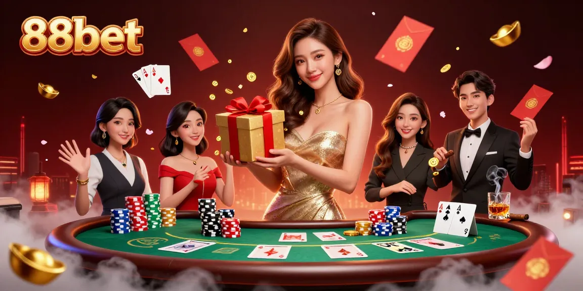 Celebrate wins with 88bet in a vibrant casino scene featuring golden coins and poker elements.