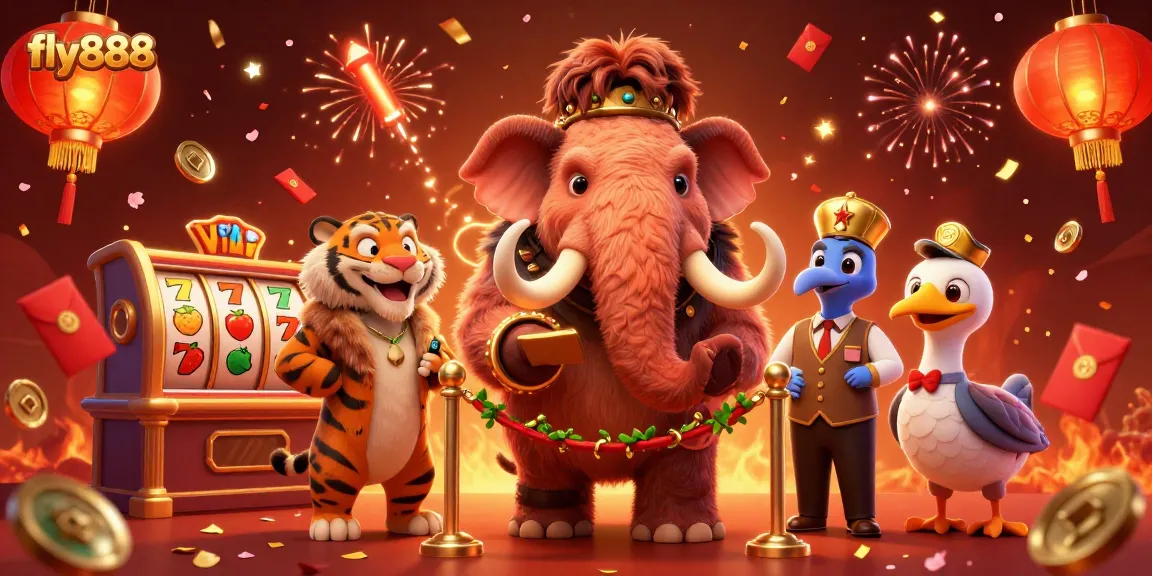 Experience the vibrant energy with fly888 as a woolly mammoth bouncer checks IDs in a dynamic casino scene.
