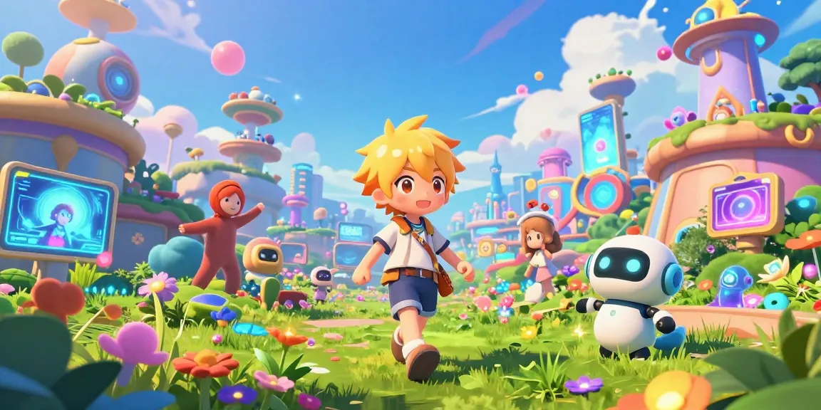 AI ecchi characters in a vibrant digital world exploring playful landscapes and engaging in creative activities.