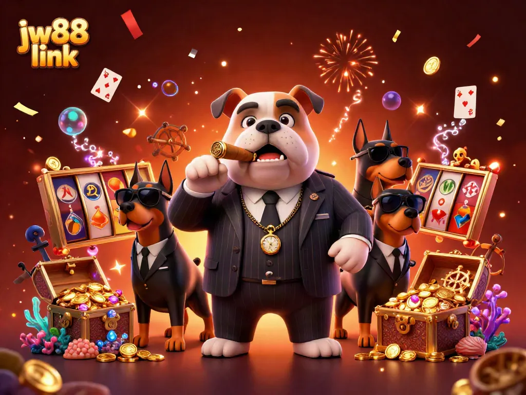 Engage with the jw88 link in an action-packed casino scene featuring a mafia boss and his bodyguards.