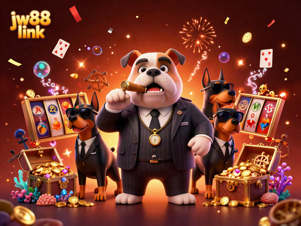 Engage with the jw88 link in an action-packed casino scene featuring a mafia boss and his bodyguards.