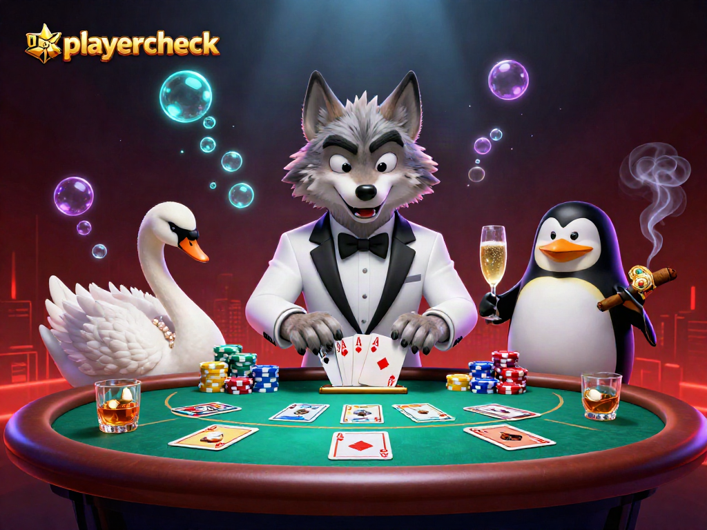 usplayercheck features a debonair wolf at a baccarat table surrounded by colorful poker elements
