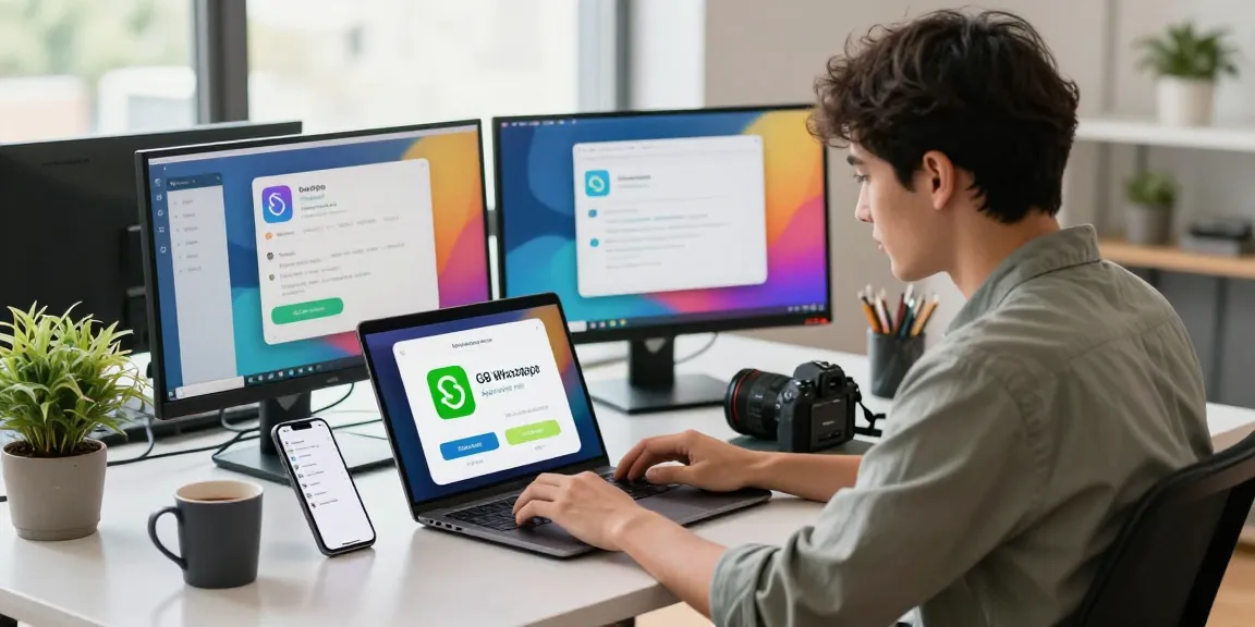 Downloading GB WhatsApp APK with vibrant app interfaces in a modern tech workspace.
