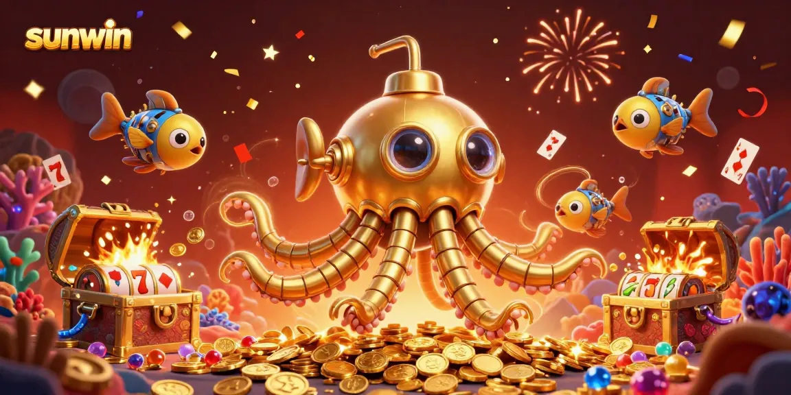 Engage in thrilling gameplay with vibrant sunwin-themed elements featuring a golden kraken submarine and slot symbols.
