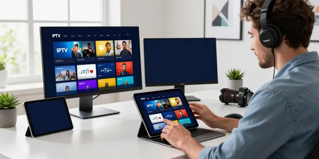 Individual engaging with an IPTV app on tablet in a modern workspace.