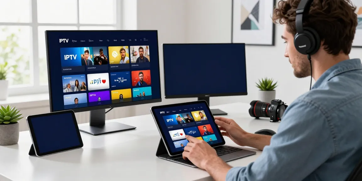 Individual engaging with an IPTV app on tablet in a modern workspace.