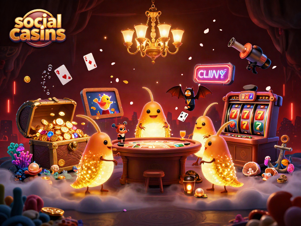 Experience the excitement of social casinos with glowworms lighting up a vibrant cave casino scene.