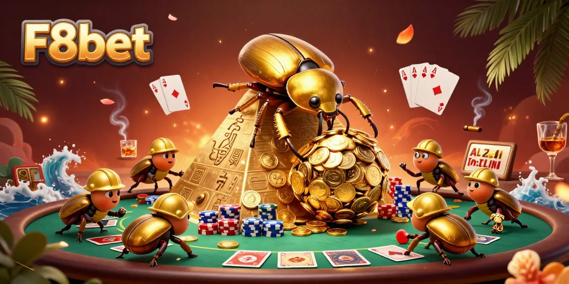 Experience exquisite wins with F8bet at a vibrant casino illustration featuring golden beetles and poker.