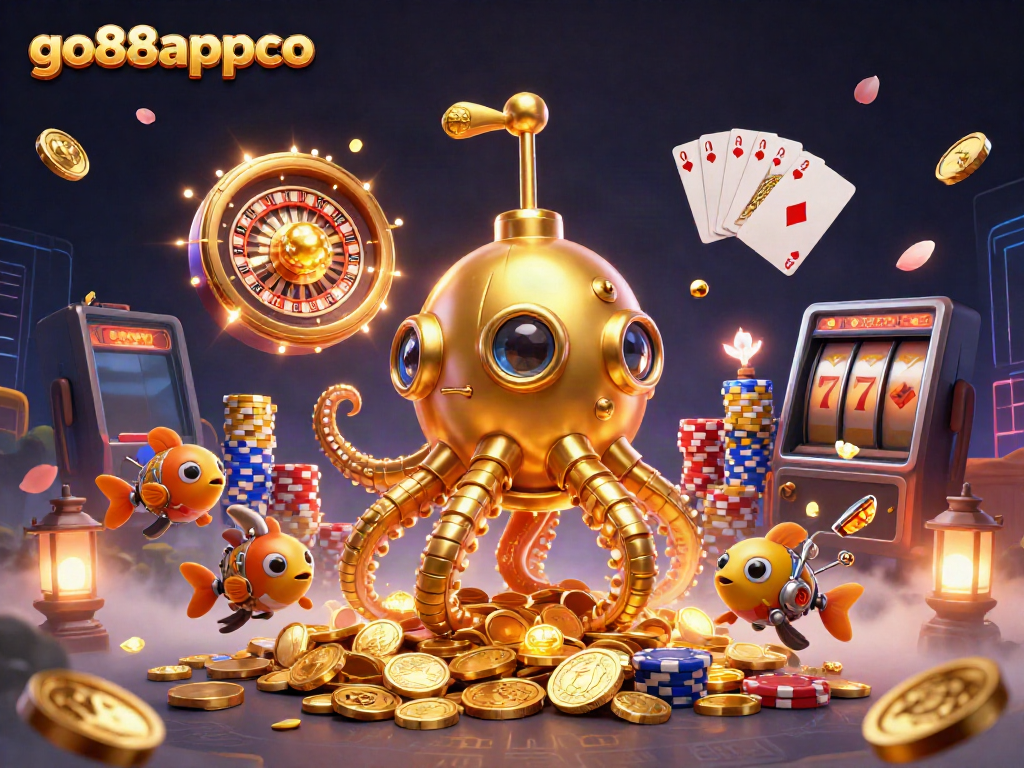 Experience the thrill of gaming at go88appco with a vibrant underwater scene featuring a golden submarine and exciting casino elements.