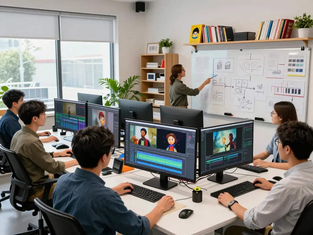 Collaboration in a vibrant workspace using kling ai software for motion video production.