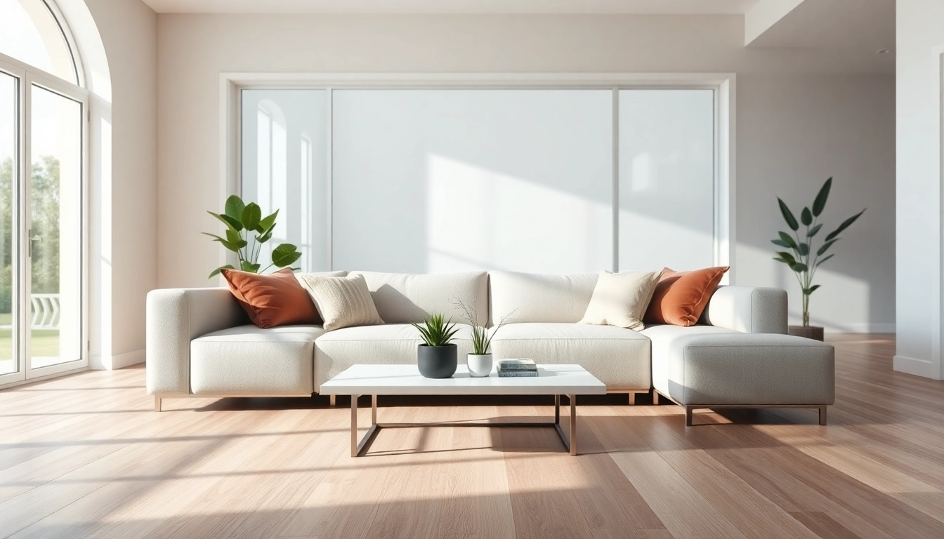 A modern living room with vinyl plank flooring, showcasing elegance through natural light and minimalist decor.