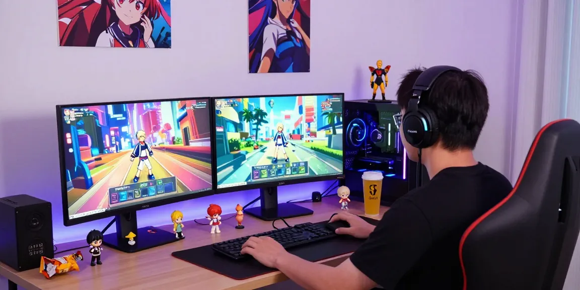Gamer immersed in hentaigames at a vibrant gaming setup with anime visuals.