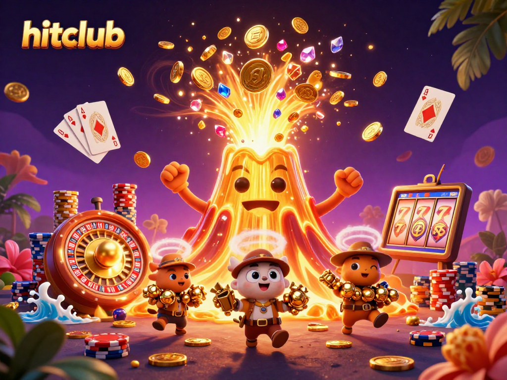 hitclub showcases a vibrant casino scene of a golden volcano erupting coins, depicting thrilling gameplay.
