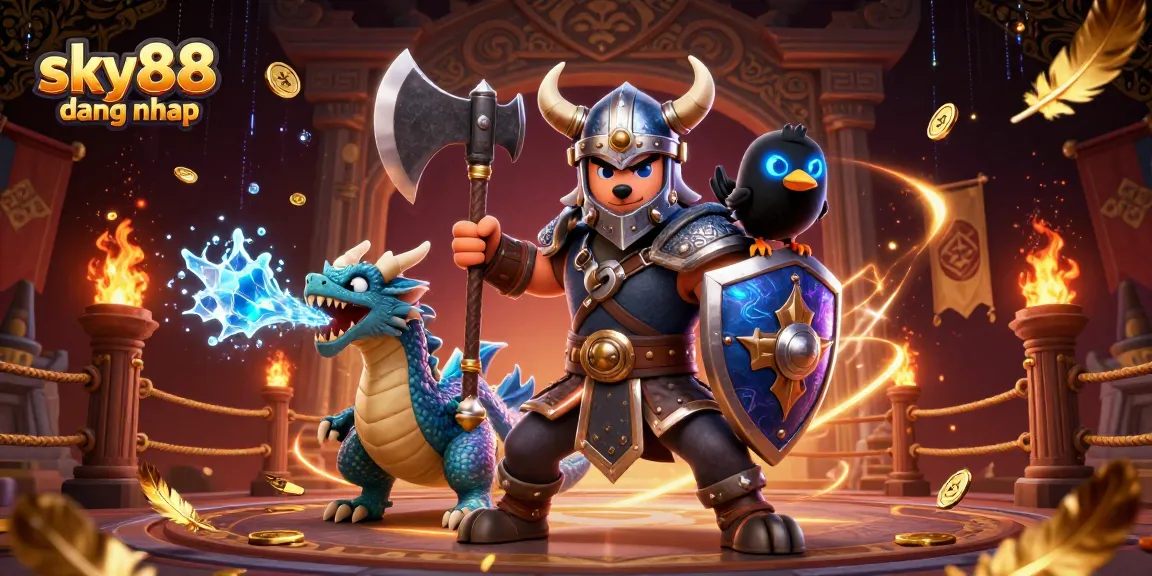 Engage with sky88 dang nhap featuring a Viking wolf warrior and dragon in an epic casino battle scene.
