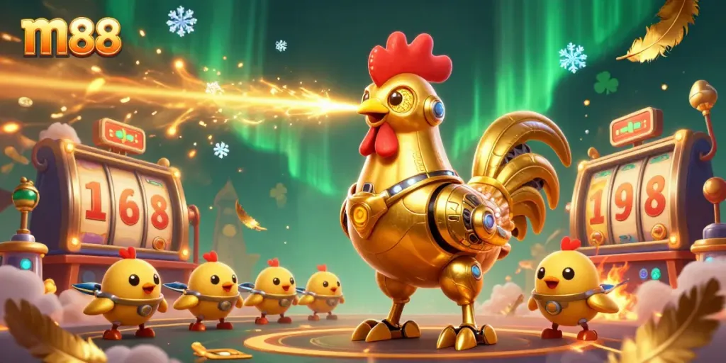 Experience the excitement with m88 as golden rooster robots and chick drones conduct a dazzling casino adventure.