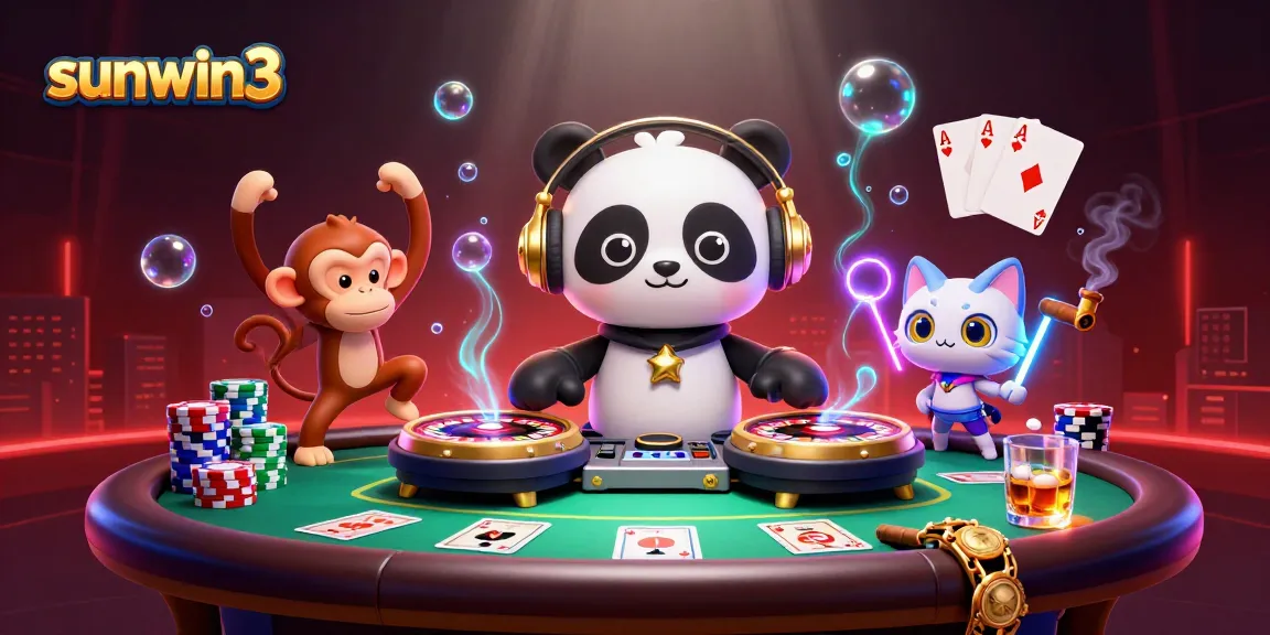 Experience the thrilling casino atmosphere at sunwin3, featuring a DJ panda and vibrant game elements.