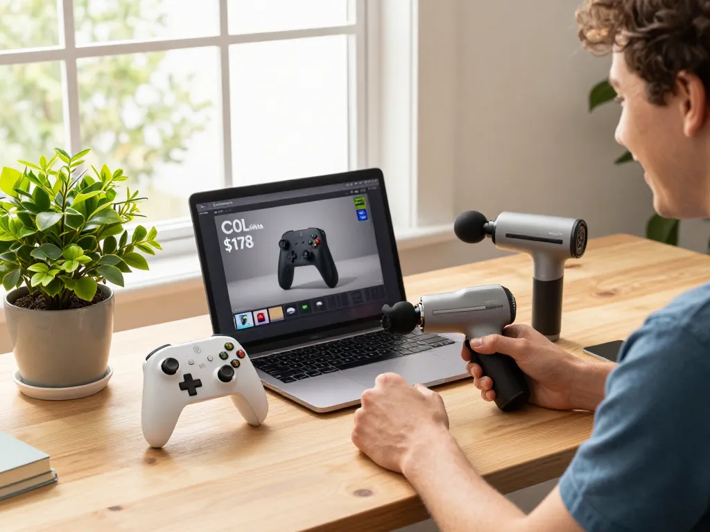 Explore cool tech gadgets under $178 including the 8BitDo Ultimate controller and Renpho Power Massage Gun set in a modern workspace.