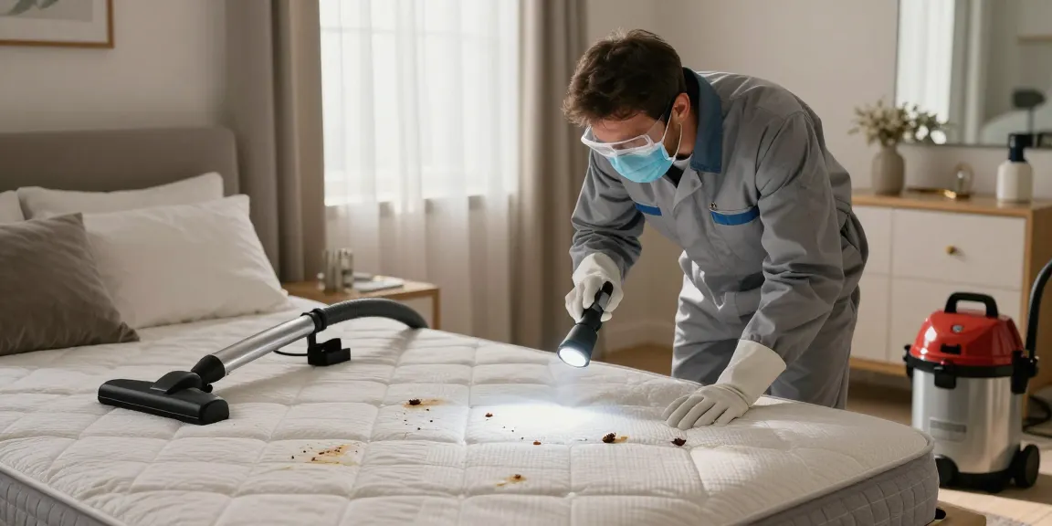 Expert conducting bed bug pest control inspection in a cozy bedroom, showcasing tools and signs of infestation.