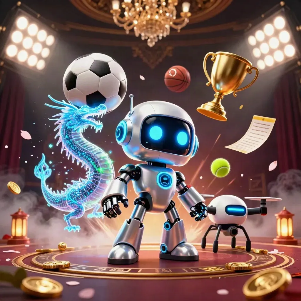 Robot mascot, AI dragon and coin drone amid flying sports balls and casino lights.