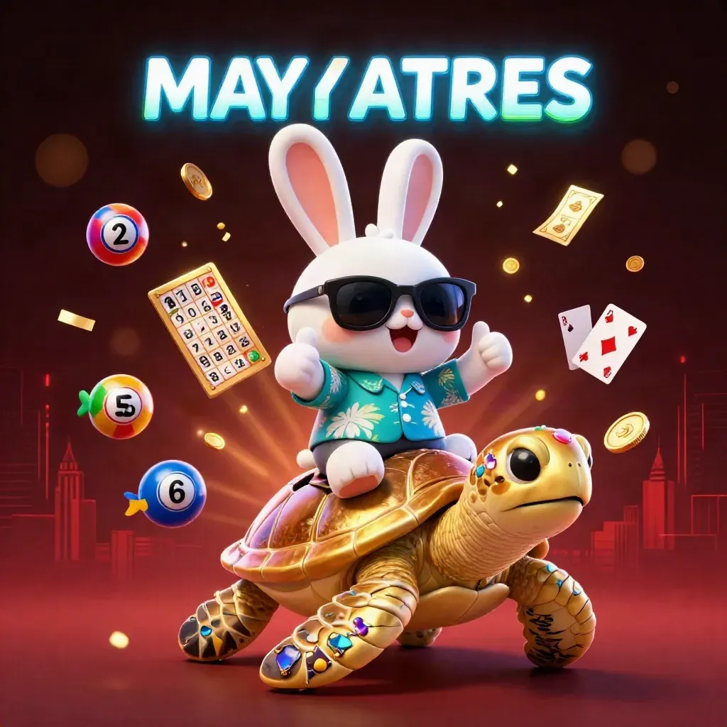 Lucky rabbit on a gold sea turtle amid casino icons, blue-green neon glow, and fish