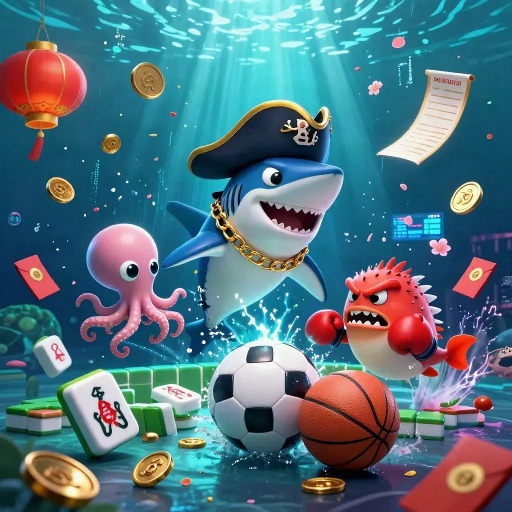 Shark captain, pufferfish boxer, and octopus juggle coins amid neon casino sports chaos.