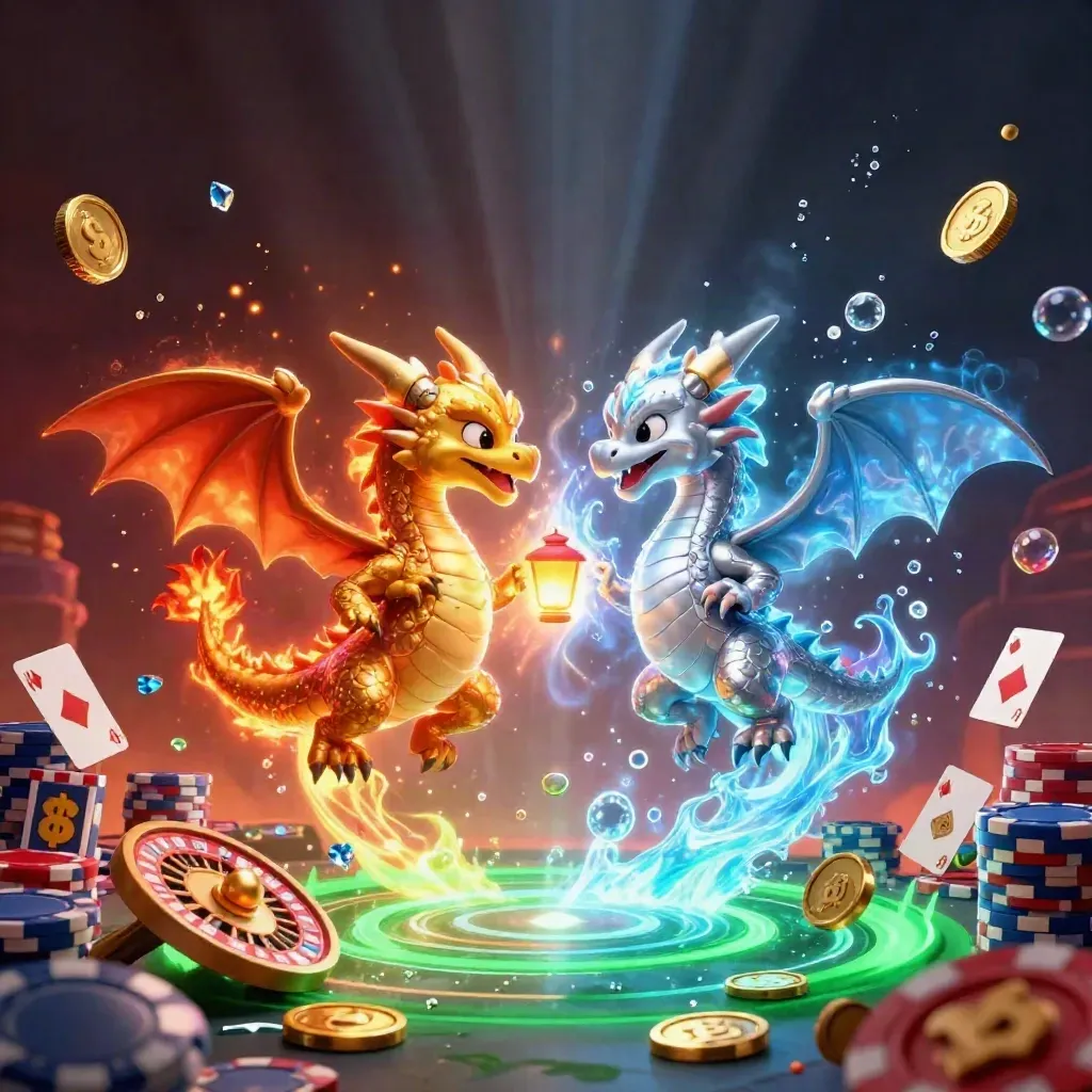 Gold and silver dragons spiral amid coins, chips, cards, and neon light.