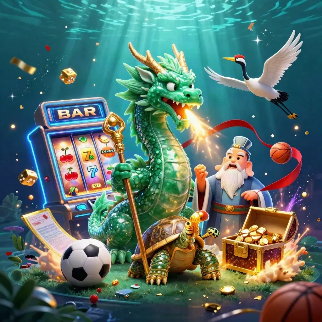 Jade dragon, turtle sage, and cranes amid casino jackpot bursts over a glowing teal arena.