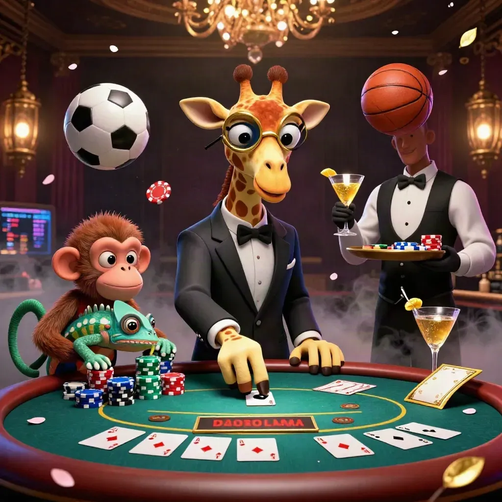 Giraffe, monkey, and chameleon at a casino poker table amid chips, cards, and glowing sports props.