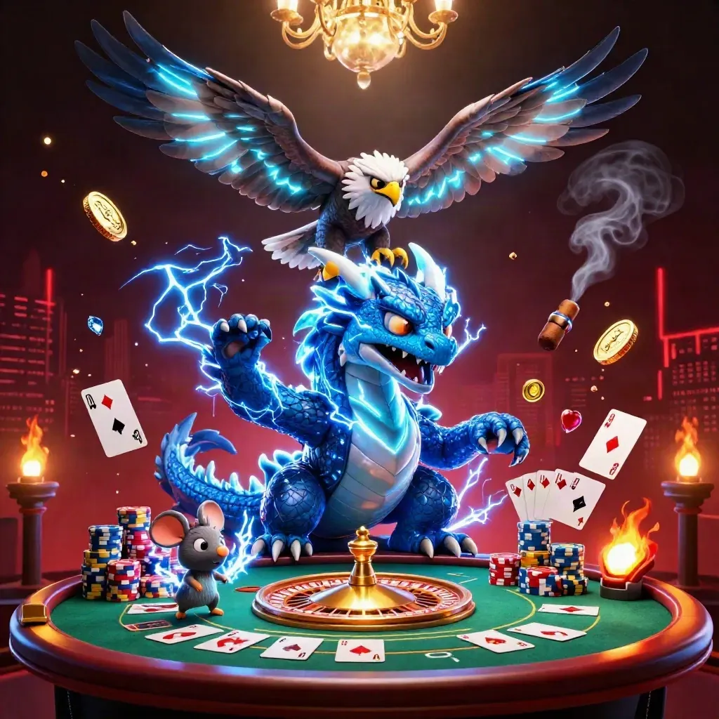 Thunder dragon, wind hawk, and thunder-mouse amid casino glow, coins, cards, chips, and roulette wheel