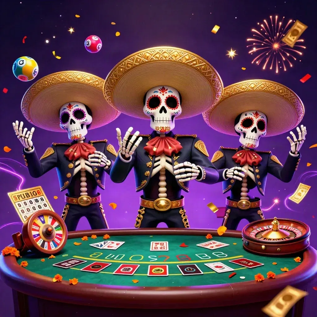 Day-of-the-Dead skeleton mariachi trio at a neon casino table with spinning game elements