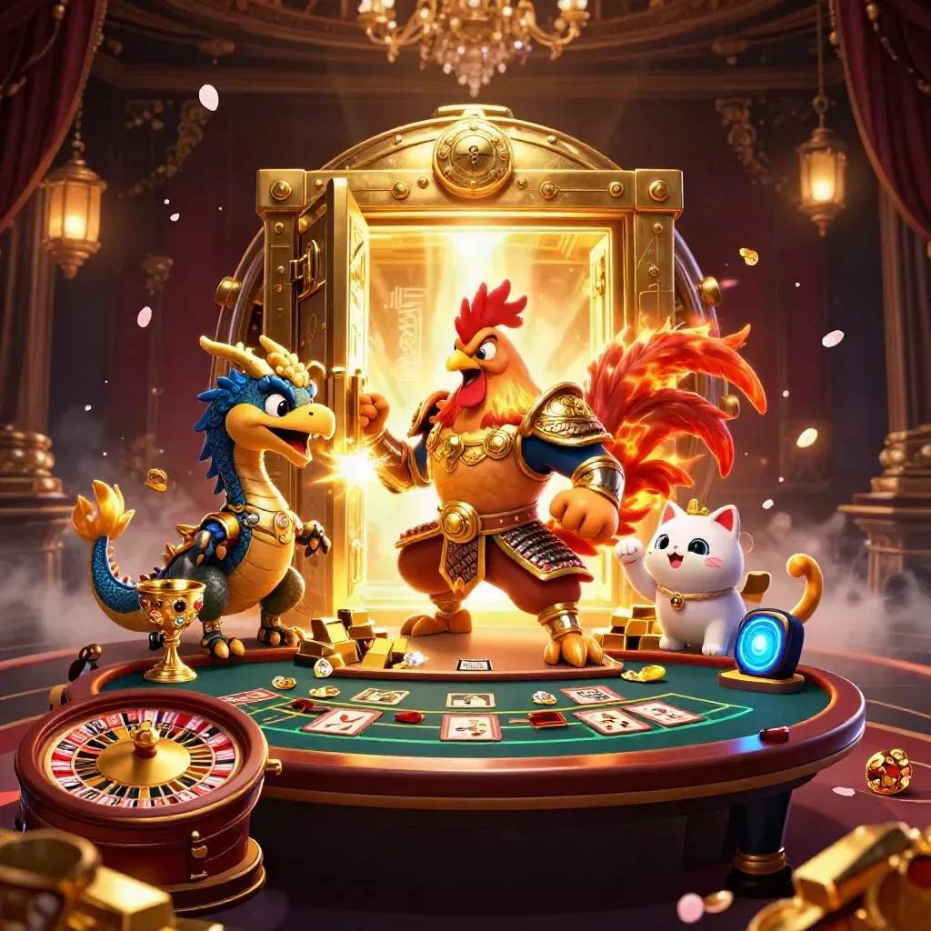 Rooster warrior, dragon hatchling and fortune cat amid glowing vault, gold, casino lights and petals.