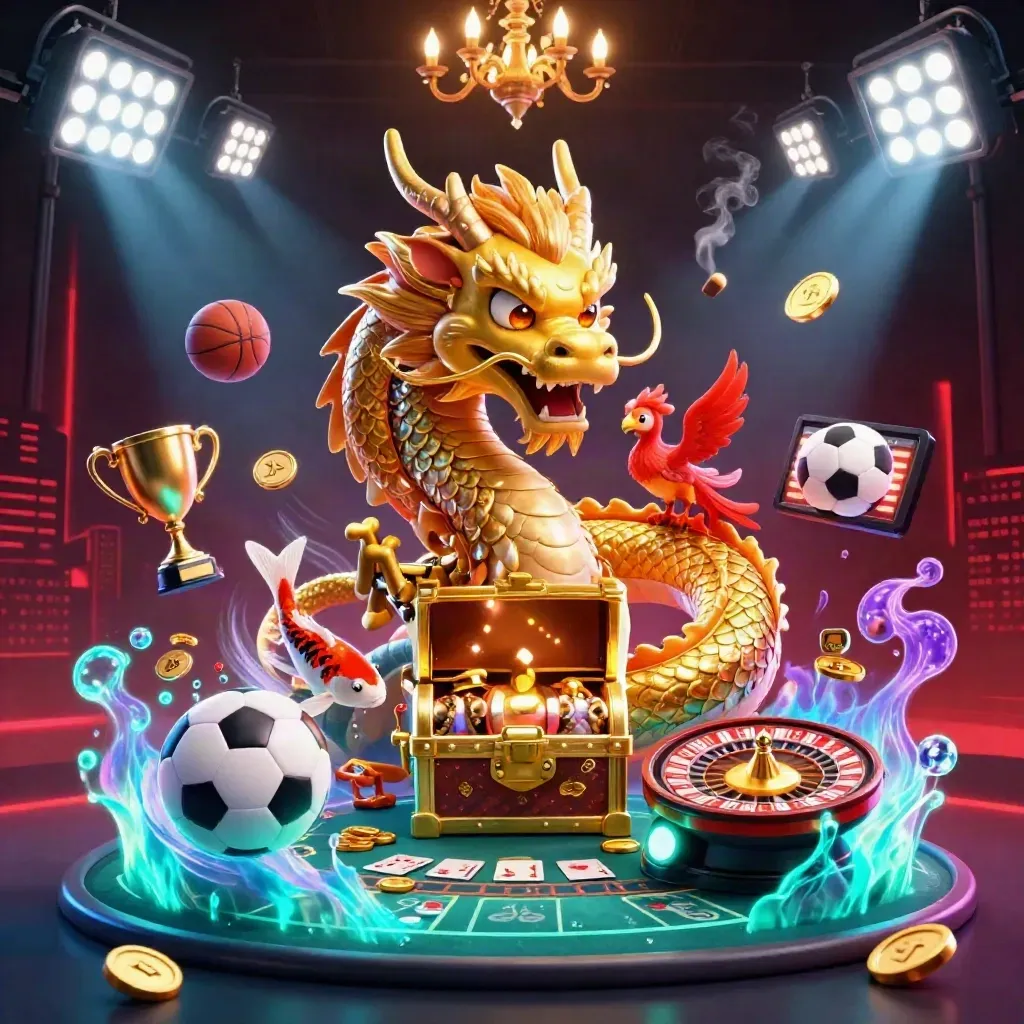 Golden dragon with phoenix and koi amid casino lights, coins, trophies, and neon smoke