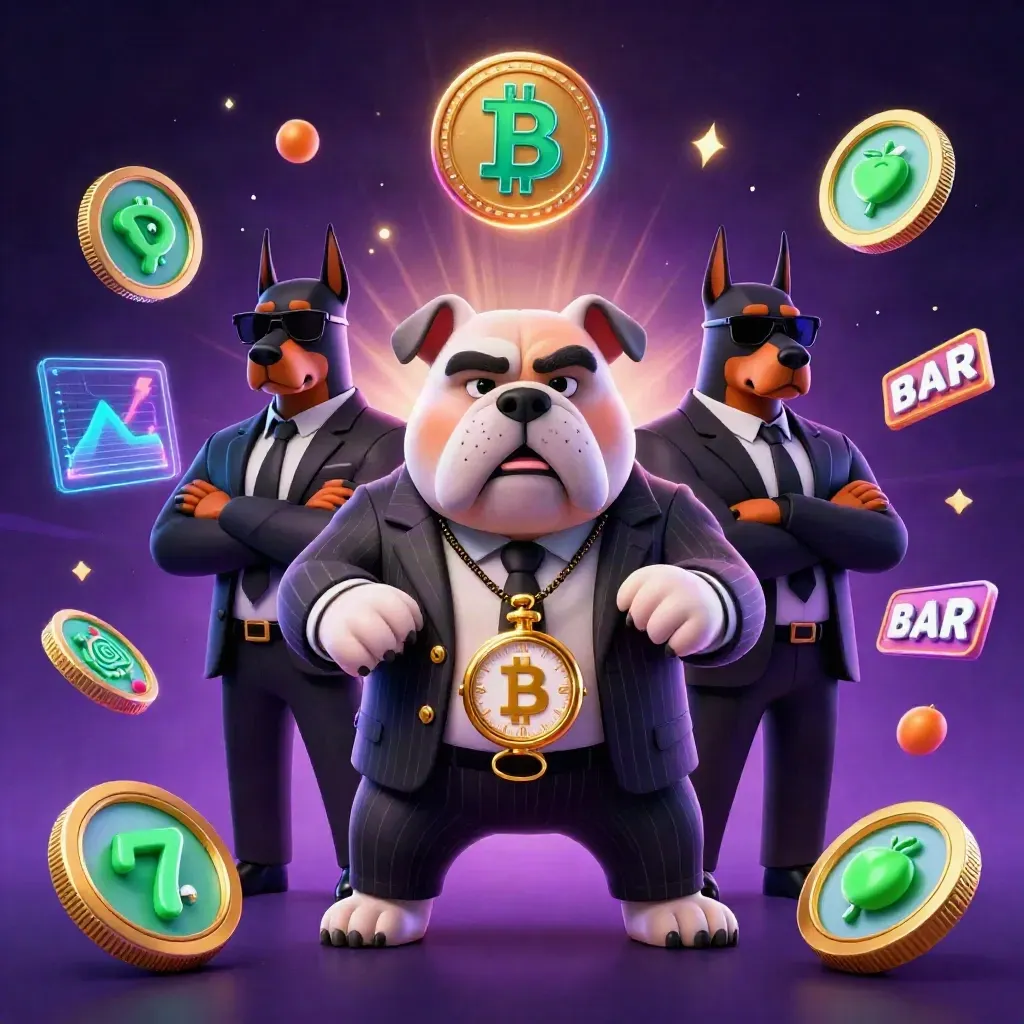 Bulldog mob boss with two Dobermans amid neon crypto casino chaos