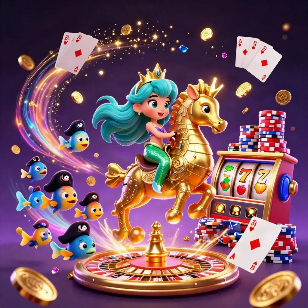 Mermaid princess on armored seahorse amid coins, gems, roulette, cards, chips, and pirate fish