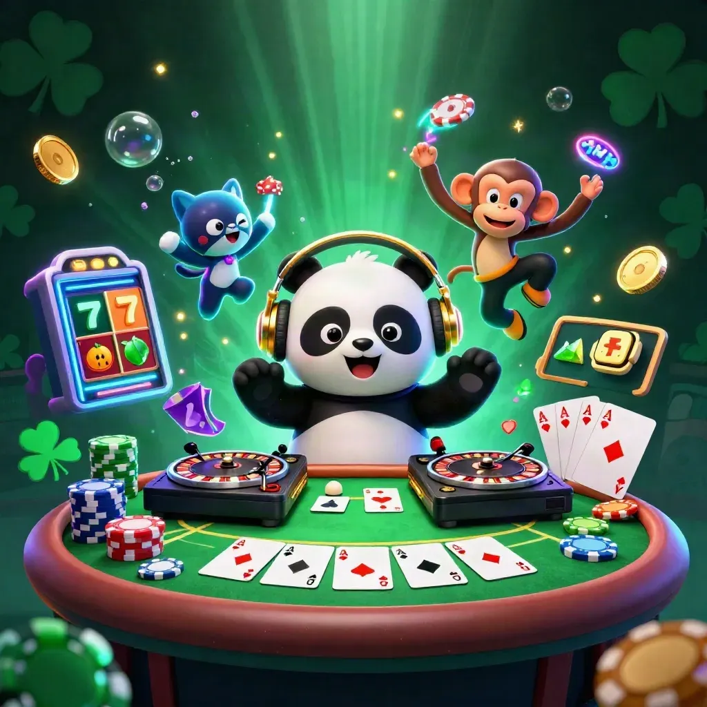 DJ panda, breakdancing monkey, and rave kitten burst through a neon casino scene with chips and gems.