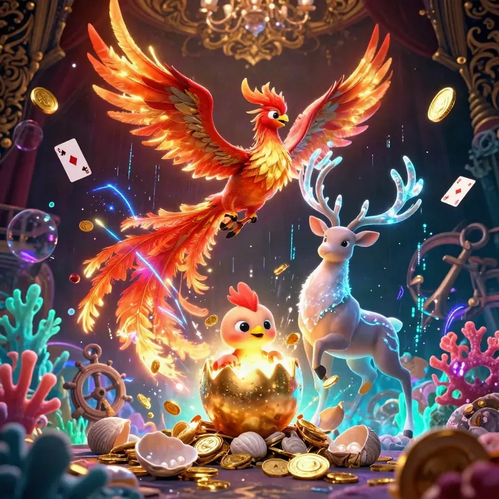 Phoenix, hatching baby phoenix, and crystal-antler stag burst amid treasure in a dark luxe casino scene.
