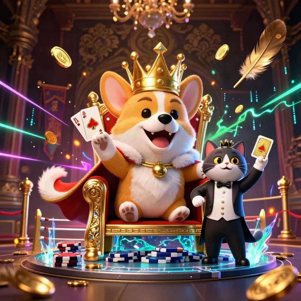 Royal corgi and cat butler on a chip throne amid temple gates, coins, blue-green energy.