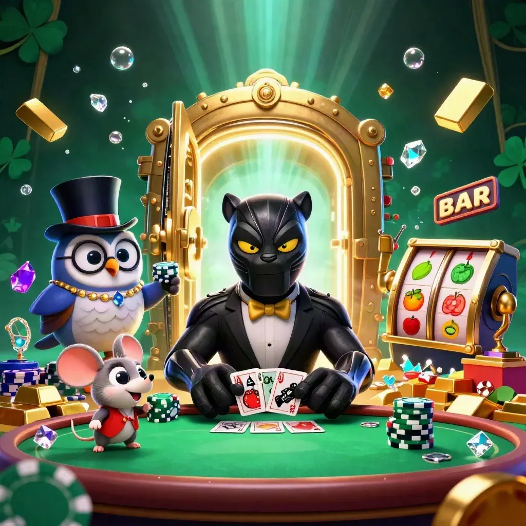 Panther dealer, owl gent, and mouse amid vault gold, gems, and neon casino chaos.