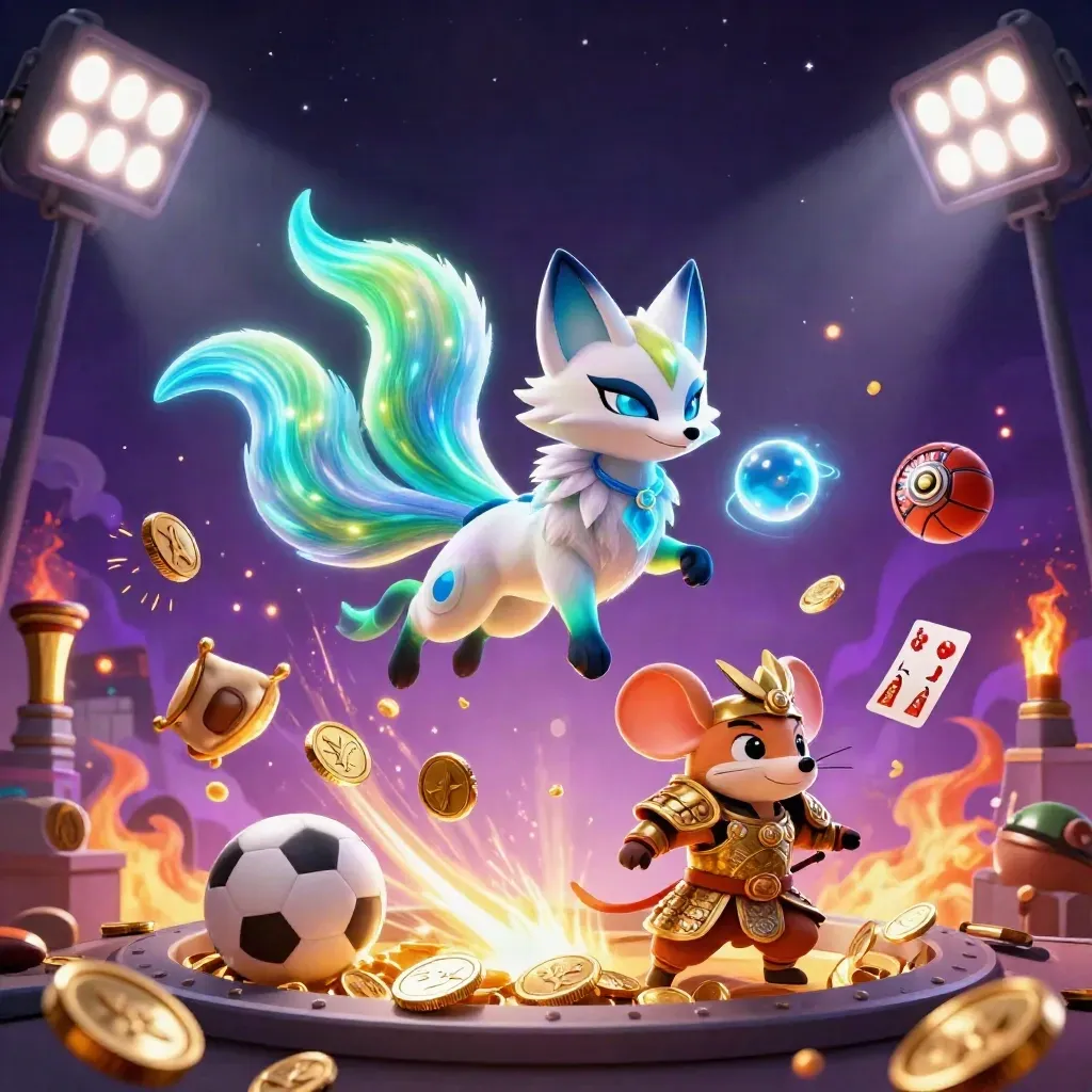 Neon fox spirit and armored mouse amid coin bursts, sports balls, trophy, and casino magic.