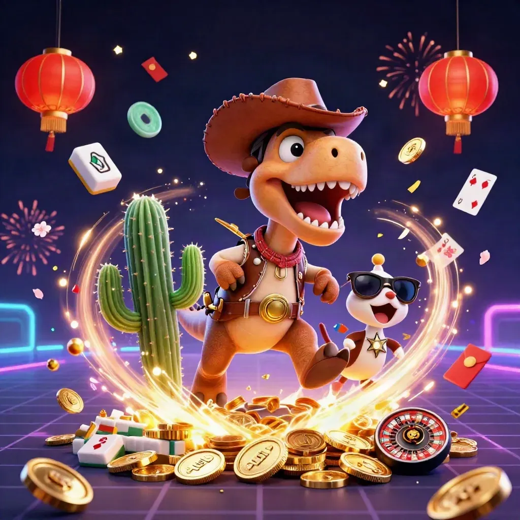Cowboy T-Rex, cactus sidekick, and sheriff roadrunner amid gold coins, lanterns, and fireworks.