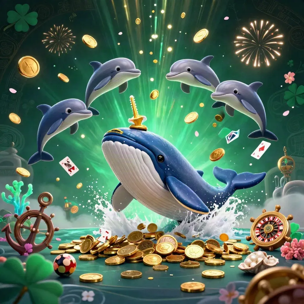 Whale captain, narwhal, and dolphins burst through gold coins in a neon casino treasure cove.