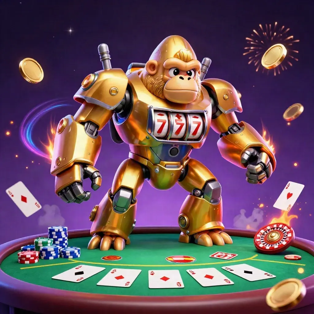 Golden gorilla slot-mech with tiny monkey pilot, poker table, chips, aces, coins, fireworks in a purple casino void