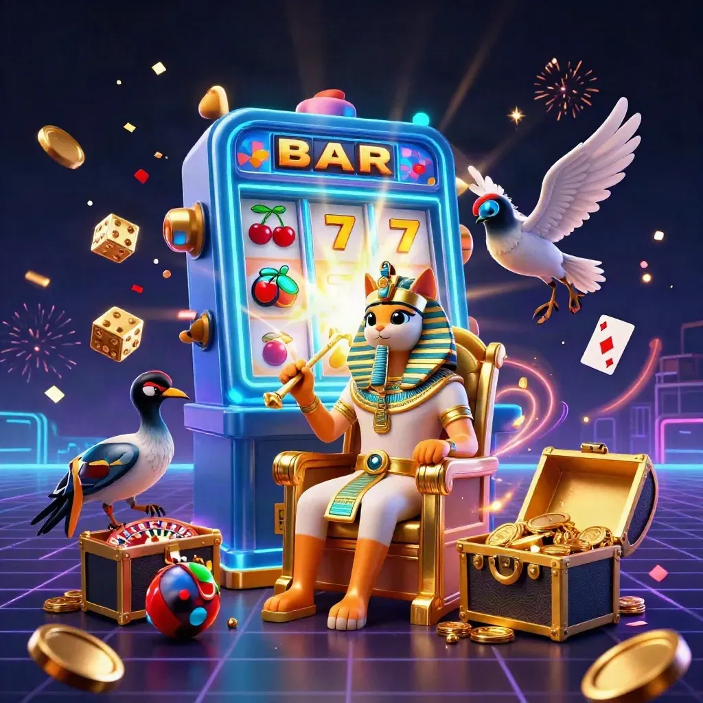 Pharaoh cat on throne amid slot burst, gold coins, fireworks, and neon casino glow