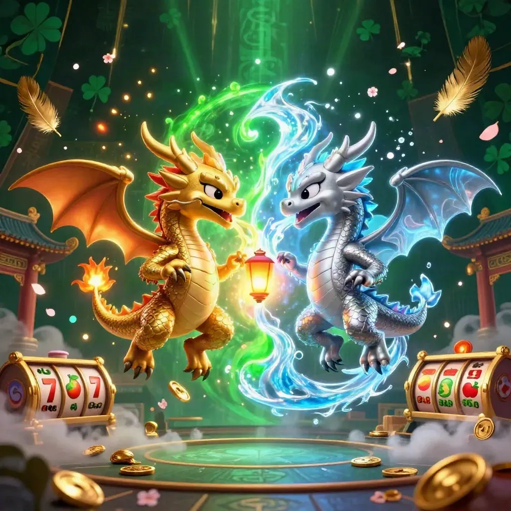 Twin gold and silver dragons spiral around a lantern spirit amid casino relics and glowing runes