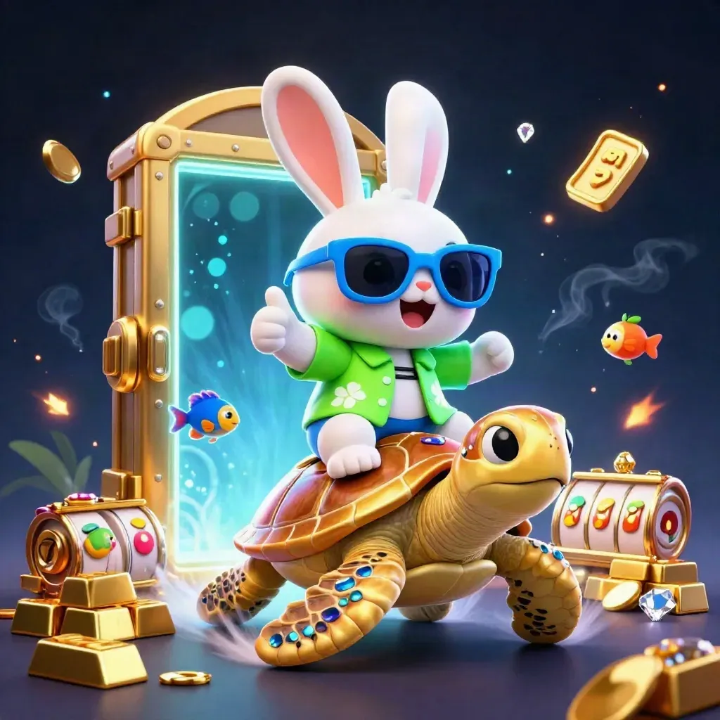 Lucky rabbit rides gem-shelled golden turtle through vault loot and slot symbols
