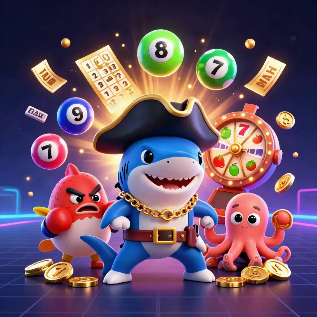 Pirate shark, pufferfish, and octopus amid casino reels, coins, and neon sparks