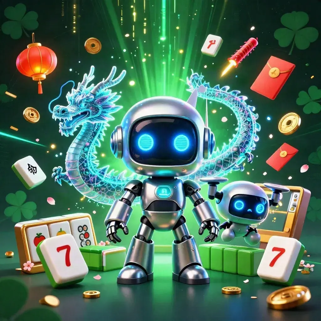 Cyberpunk robot mascot with holographic dragon and coin drone amid casino symbols