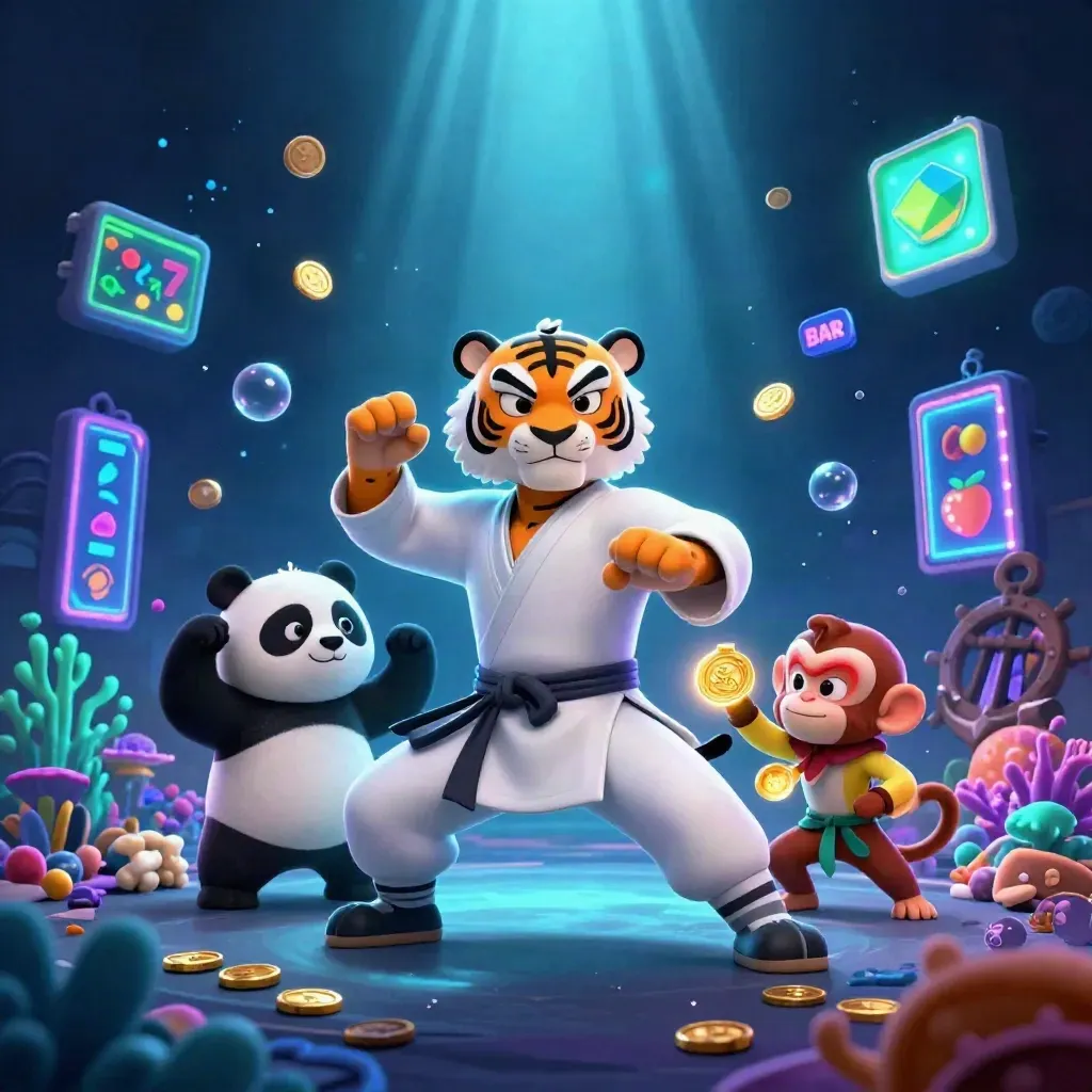 Kung-fu tiger, panda, and monkey in underwater casino treasure with reels, bubbles, and neon glow