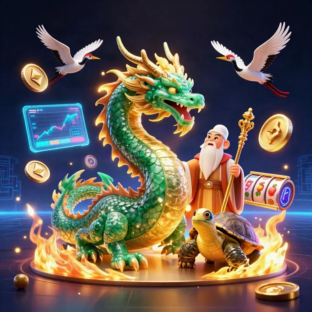 Emerald dragon, turtle sage, and cranes amid neon casino-tech effects on dark grid background