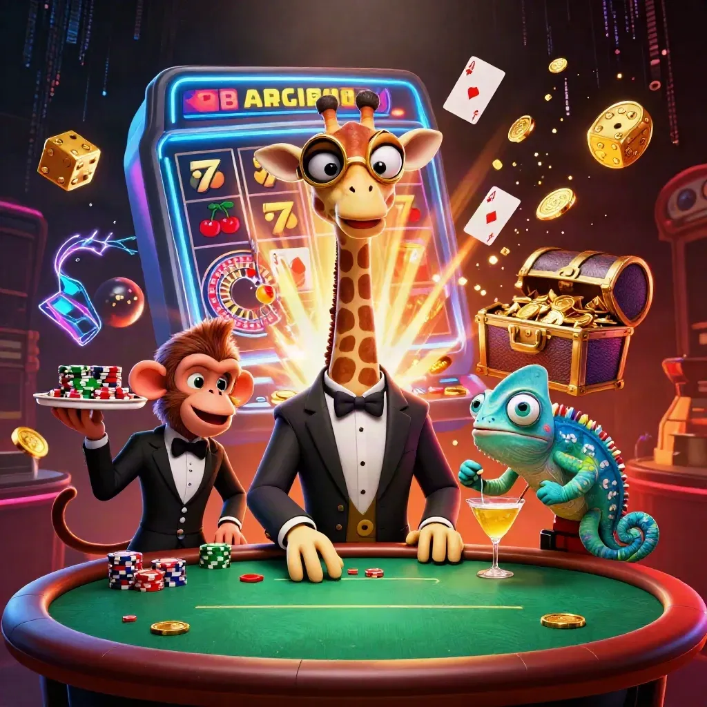 Giraffe, monkey, and chameleon in a flashy casino scene with slot machine bursts and gold.